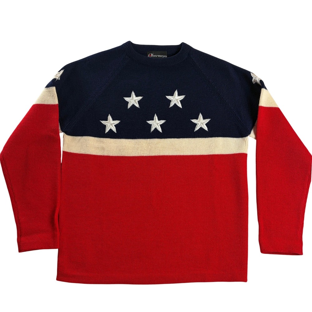 Vintage Obermeyer Mens L 100% Wool USA Stars Stripes Ski Sweater Red Blue
